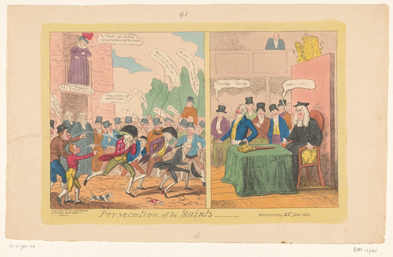 Sarjakuva Englannin sisäpolitiikasta, 1820 Pyhien vaino tekijältä George Cruikshank