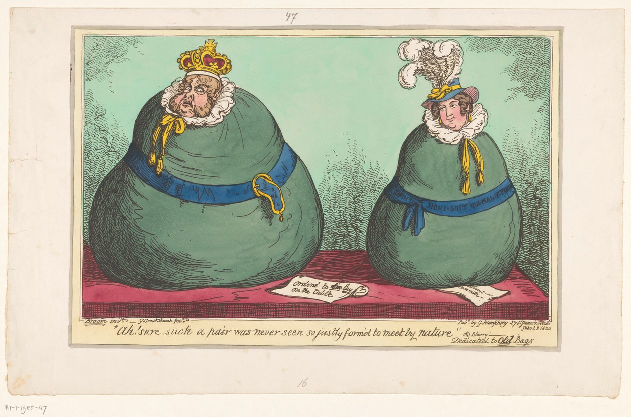 Spotprent op koning George IV ja koningin Caroline, 1820 Ah! Sellaista paria ei toki ole koskaan nähty luonnostaan niin oikeudenmukaisena tapaamaan (otsikko esineessä) tekijältä George Cruikshank