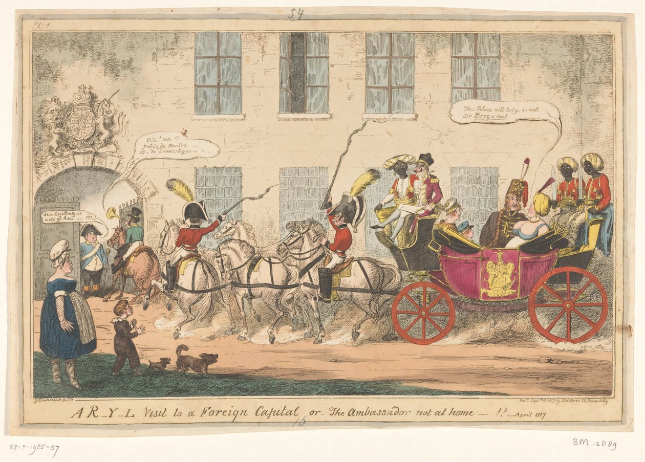 Spotprent op prinses Caroline, 1817 R-Y-L vierailu ulkomaiseen pääkaupunkiin tai, suurlähettiläs ei kotona-!! (otsikko esineessä) tekijältä George Cruikshank