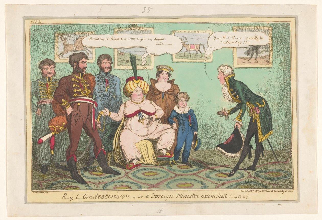 Spotprent op prinses Caroline, 1817 R-y-l alentuminen tai ulkoministeri hämmästynyt! tekijältä George Cruikshank