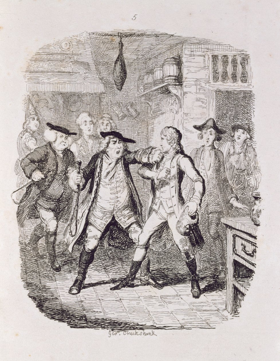 Squire Western Seizing Jones Uptonissa, "Tom Jones, Löytäjän historia", taiteilijan kaivertama, kuvitus teoksesta "The Works of Henry Fielding", pub. kirjoittanut Henry G. Bohn, 1853 tekijältä George Cruikshank