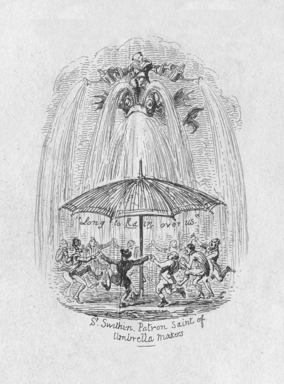 Sateenvarjovalmistajien suojeluspyhimys St. Swithin, 1829 tekijältä George Cruikshank