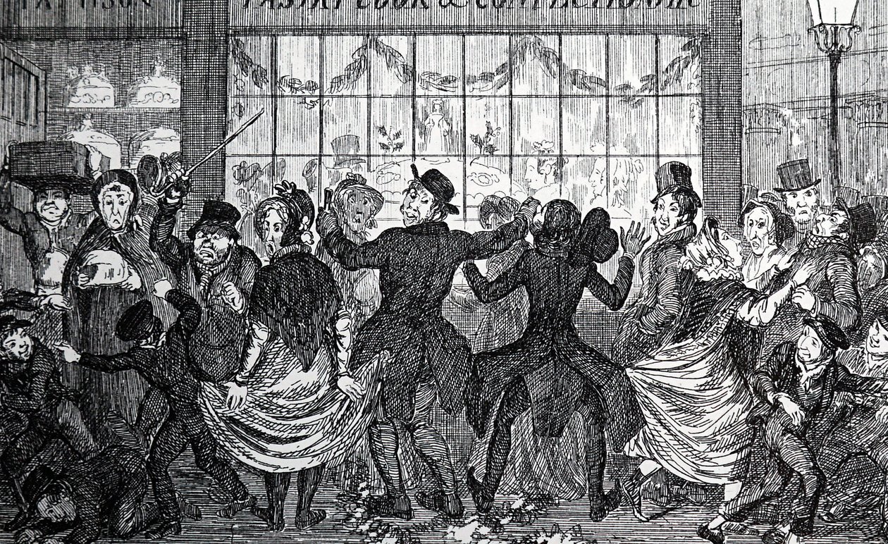 Katulapset aiheuttavat sekasortoa kondiittorin ja leipurin liikkeen ulkopuolella kahdestoistayönä. tekijältä George Cruikshank