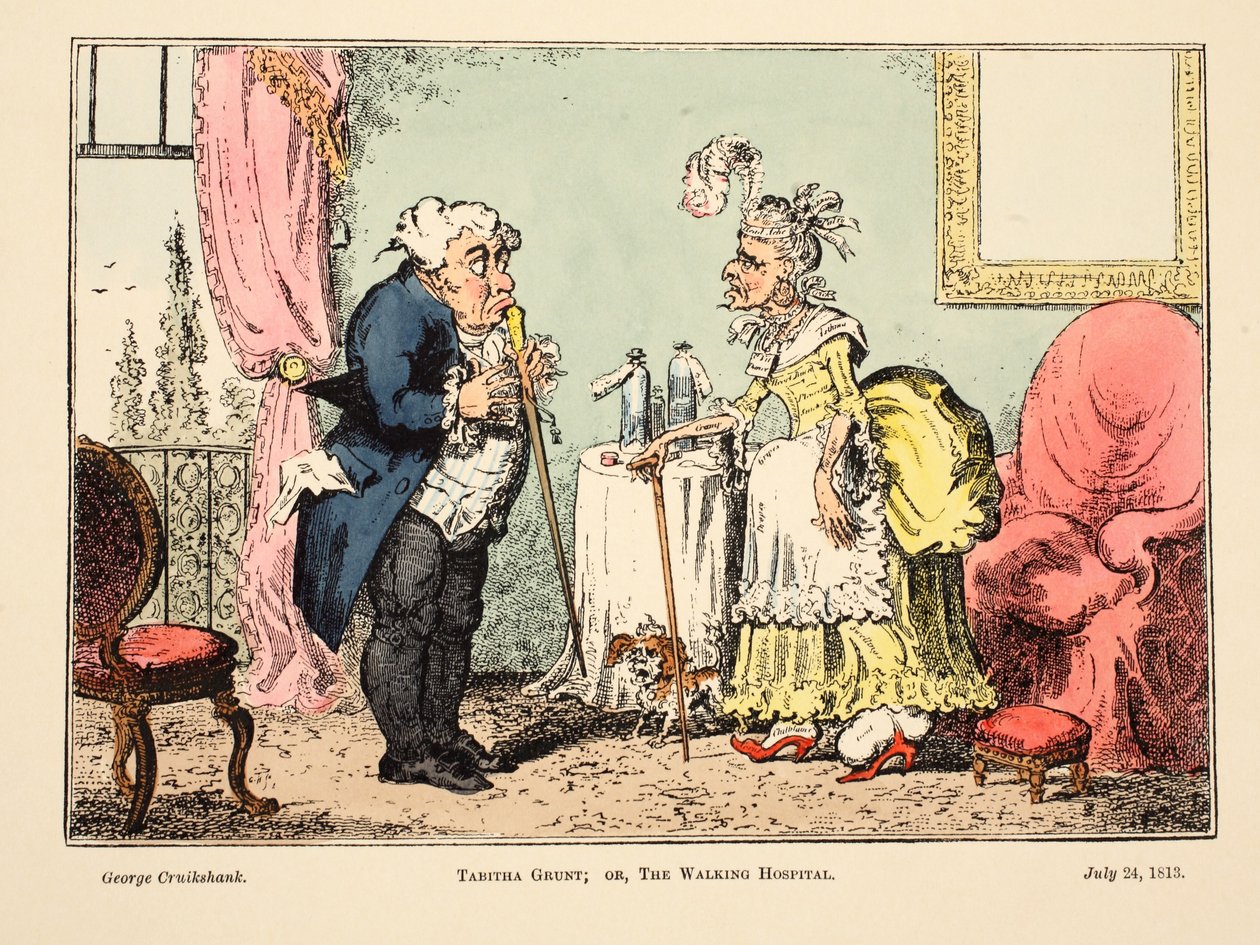 Tabitha Grunt; tai Kävelysairaala, pub. 1813 (käsin väritetty kaiverrus) tekijältä George Cruikshank