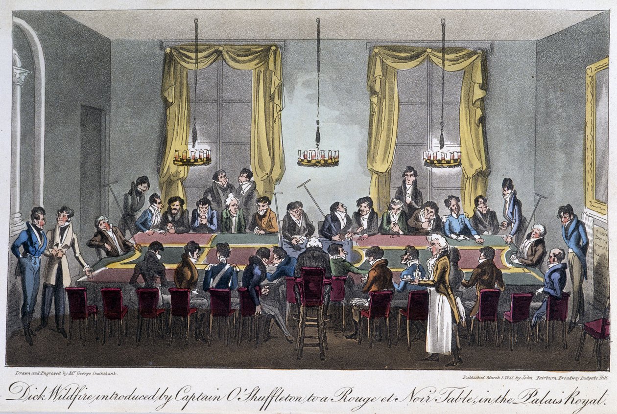 Pelipöytä Palais Royalissa - David Careyn "" Life in Paris -kirjassa, Lontoo tekijältä George Cruikshank