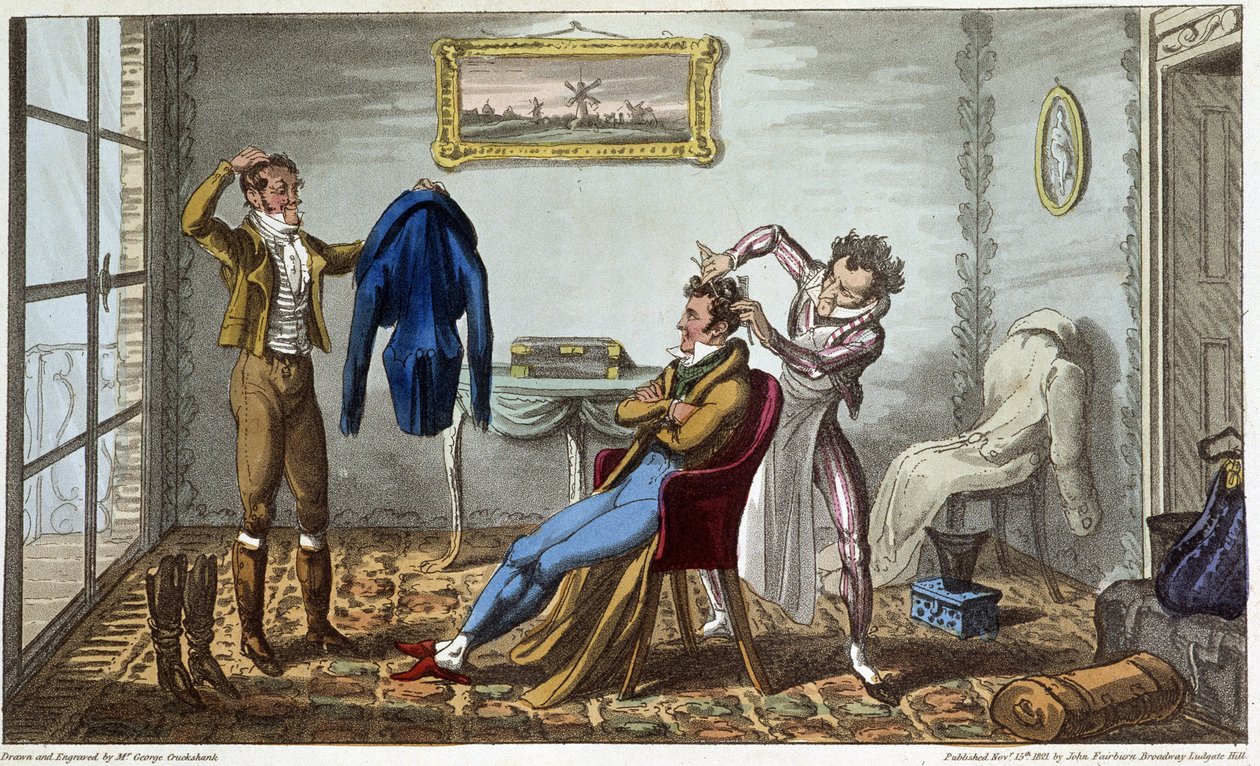 Räätäli ja kampaaja kotona - David Careyn "" Elämä Pariisissa" -kirjassa, ill. kirjoittanut George Cruikshank, toim. Fairburn, Lontoo tekijältä George Cruikshank
