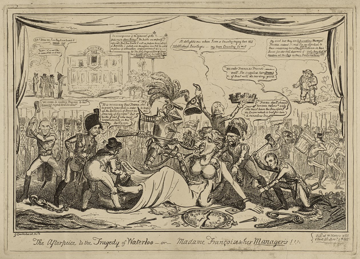 The Afterpiece (sic) Waterloon tragediaan tai Madame Francois ja hänen managers!!!, julkaistu 9. marraskuuta tekijältä George Cruikshank