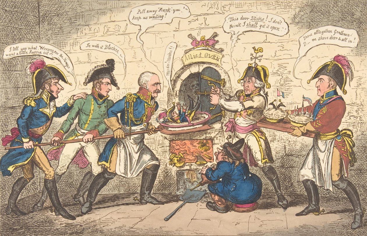 The Allied Bakers tai Korsikan rupikonna reiässä, 1. huhtikuuta 1814, 1. huhtikuuta 1814. tekijältä George Cruikshank