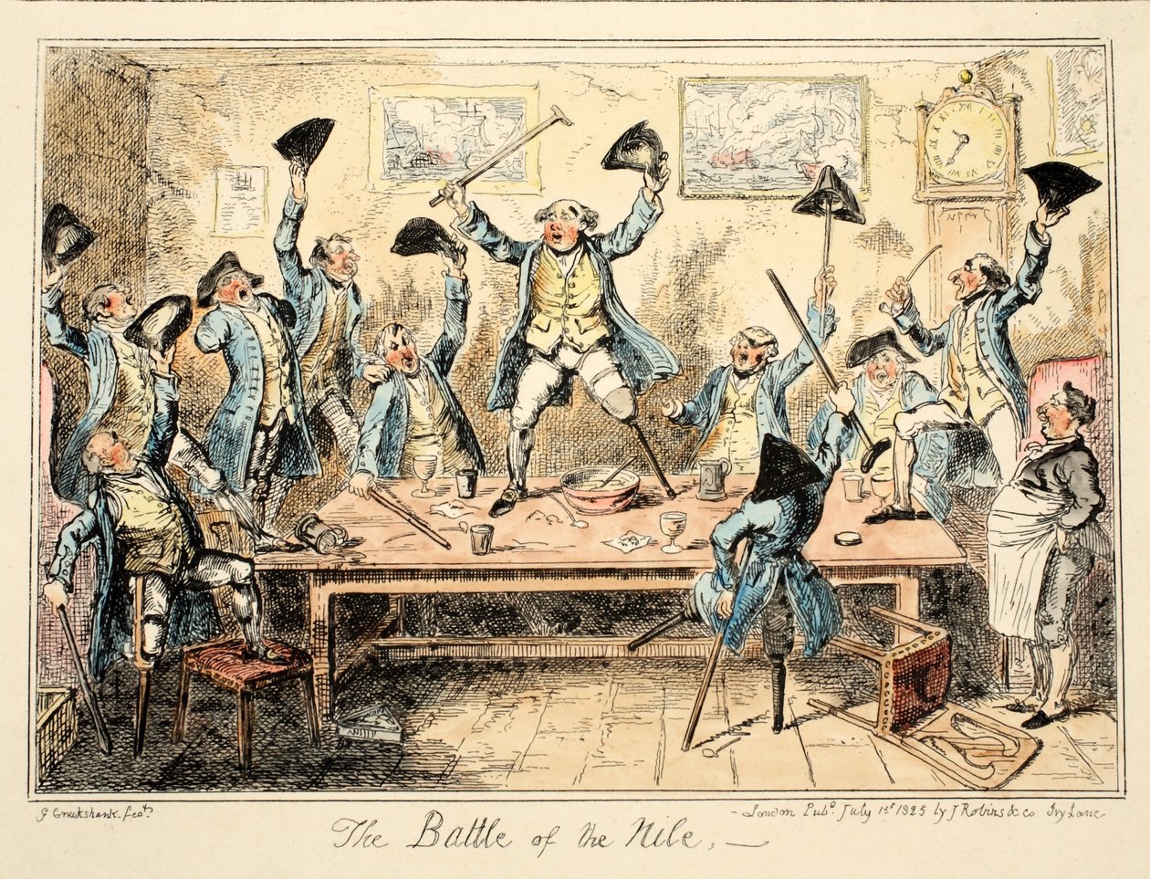 Niilin taistelu, Greenwichin sairaalasta, sarja merivoimien luonnoksia, jotka kuvaavat sotamiehen elämää, pub. 1826 (käsin väritetty kaiverrus). tekijältä George Cruikshank