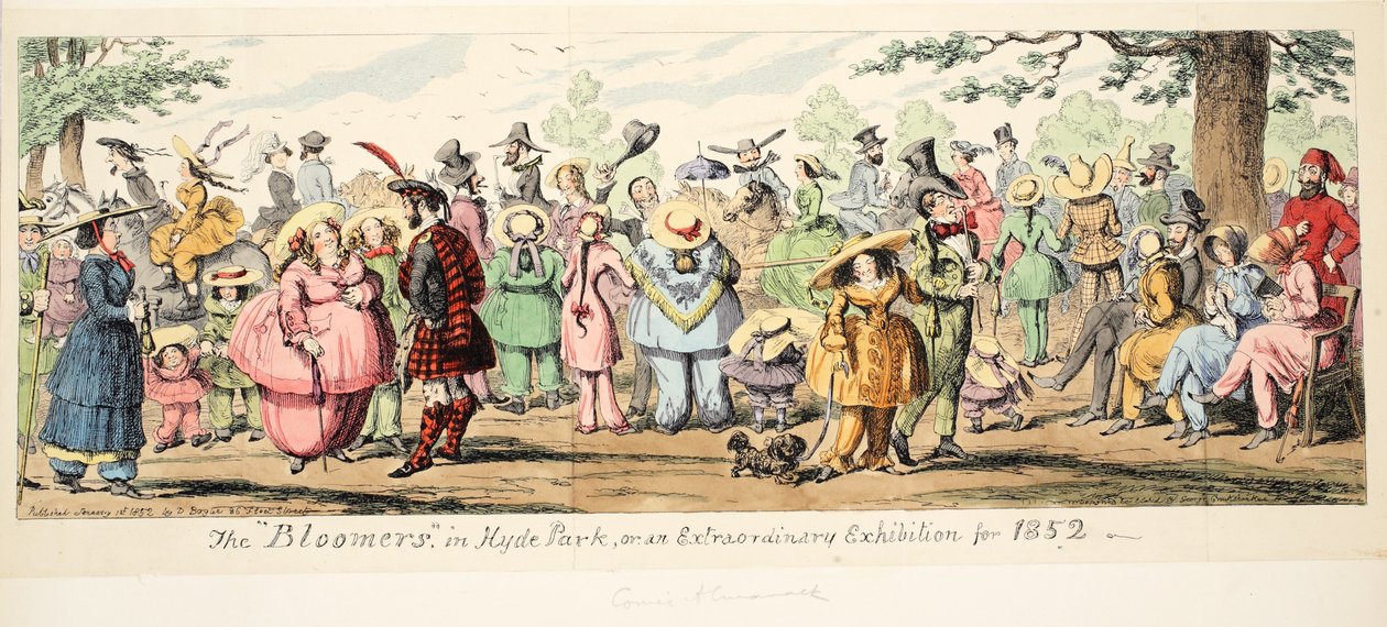 The Bloomers in Hyde Park tai poikkeuksellinen näyttely vuodelta 1852, pubi. 1852 (käsinvärinen kaiverrus) tekijältä George Cruikshank