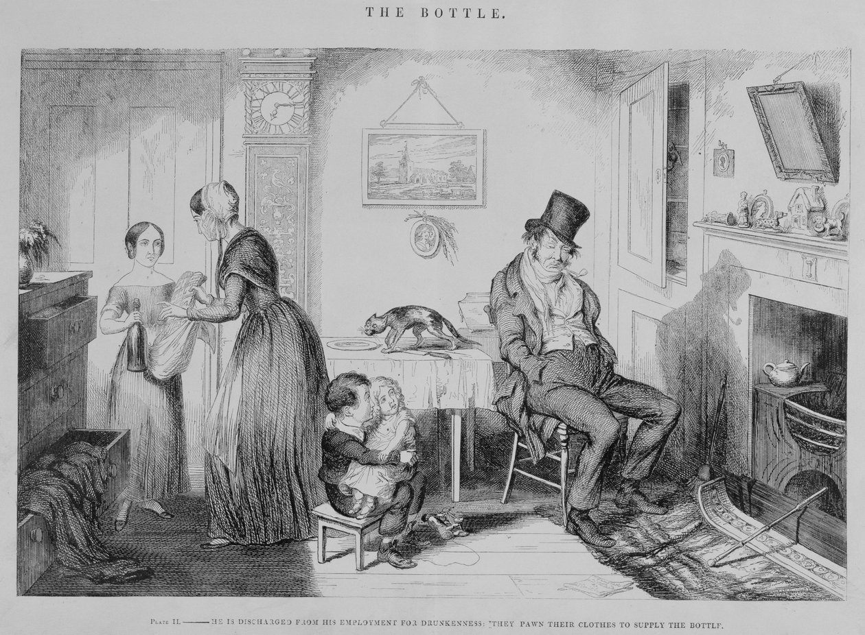Pullo, levy II, Hänet erotetaan työstään juopumuksen vuoksi: he panttasivat vaatteensa pullon hankkimiseksi, 1847. tekijältä George Cruikshank