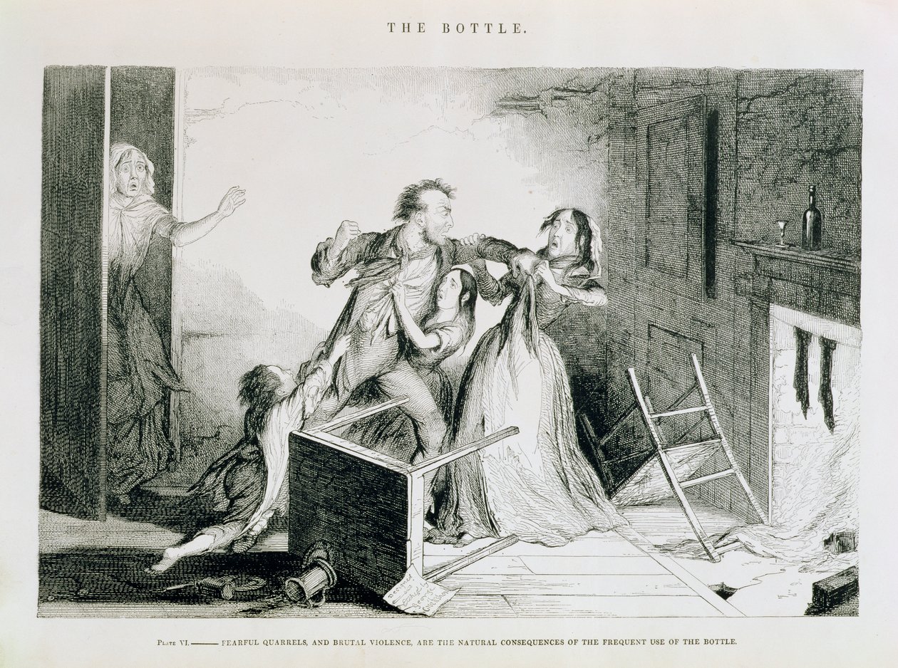 Pullo, lautanen VI, pelottavat riidat ja julma väkivalta ovat luonnollisia seurauksia pullon toistuvasta käytöstä, 1847 tekijältä George Cruikshank