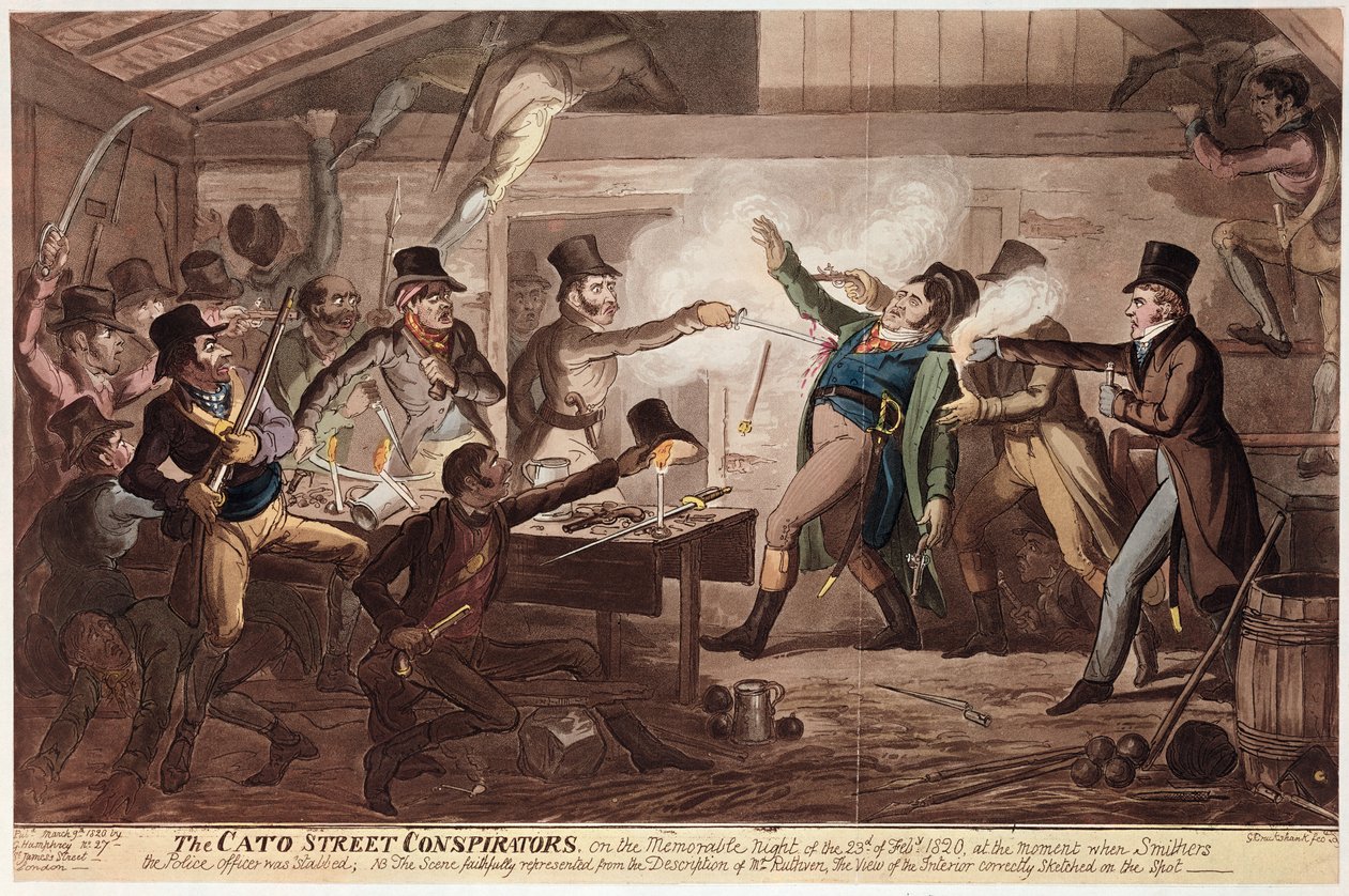 The Cato Street Conspirators, pubi. kirjoittanut G. Humphrey, 9. maaliskuuta 1820 (värillinen lito) tekijältä George Cruikshank