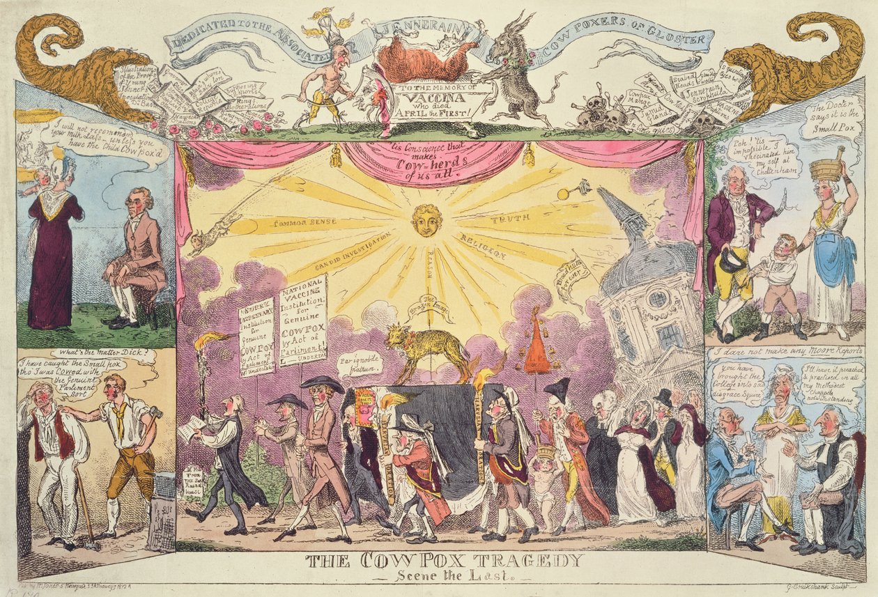 Lehmänpox-tragedia - Viimeinen kohtaus (satiirinen sarjakuva) tekijältä George Cruikshank