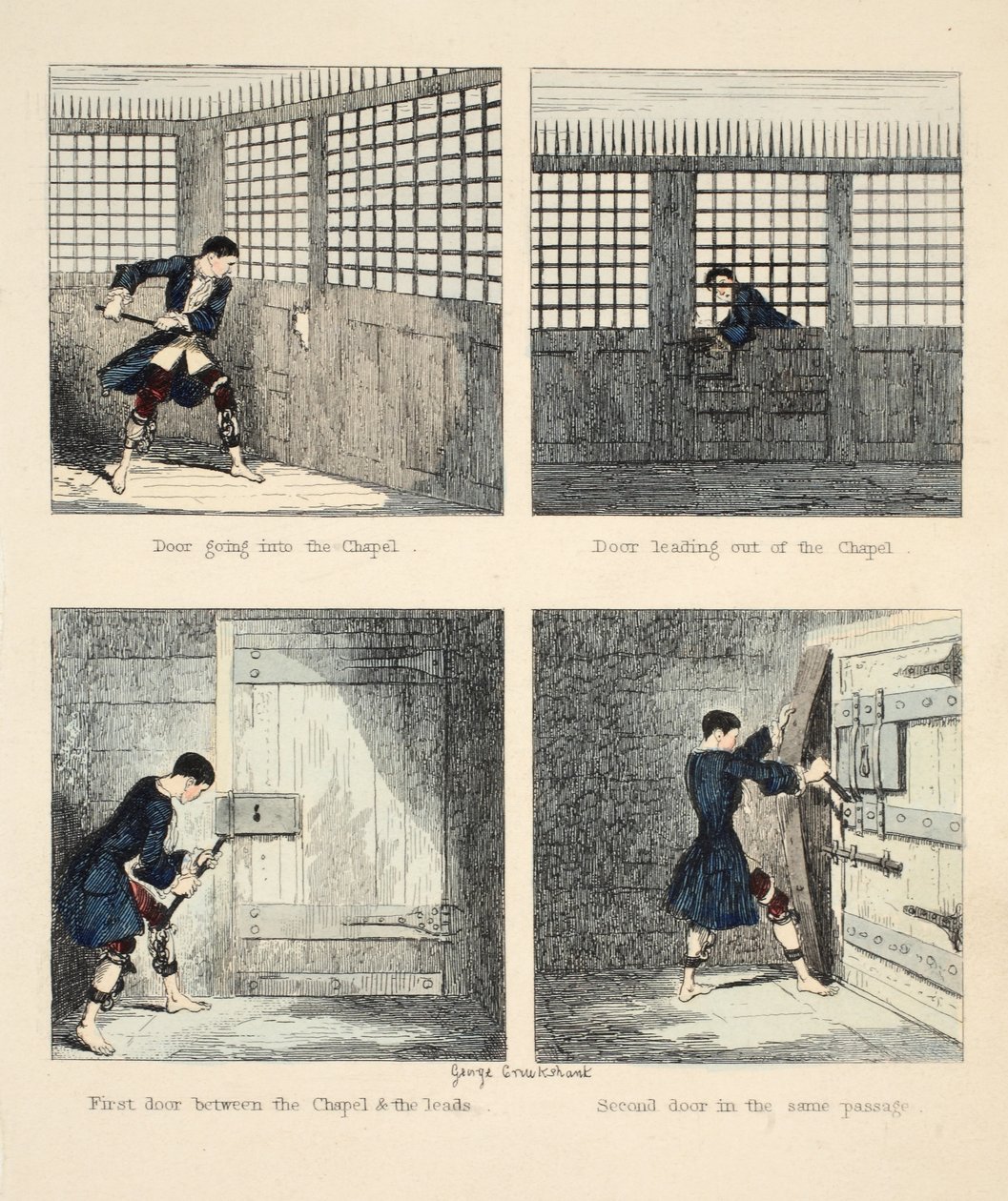 The Escape nro 2, kuvitus: Jack Sheppard: A Romance, William Harrison Ainsworth, pubi. 1839 (käsinvärinen kaiverrus) tekijältä George Cruikshank