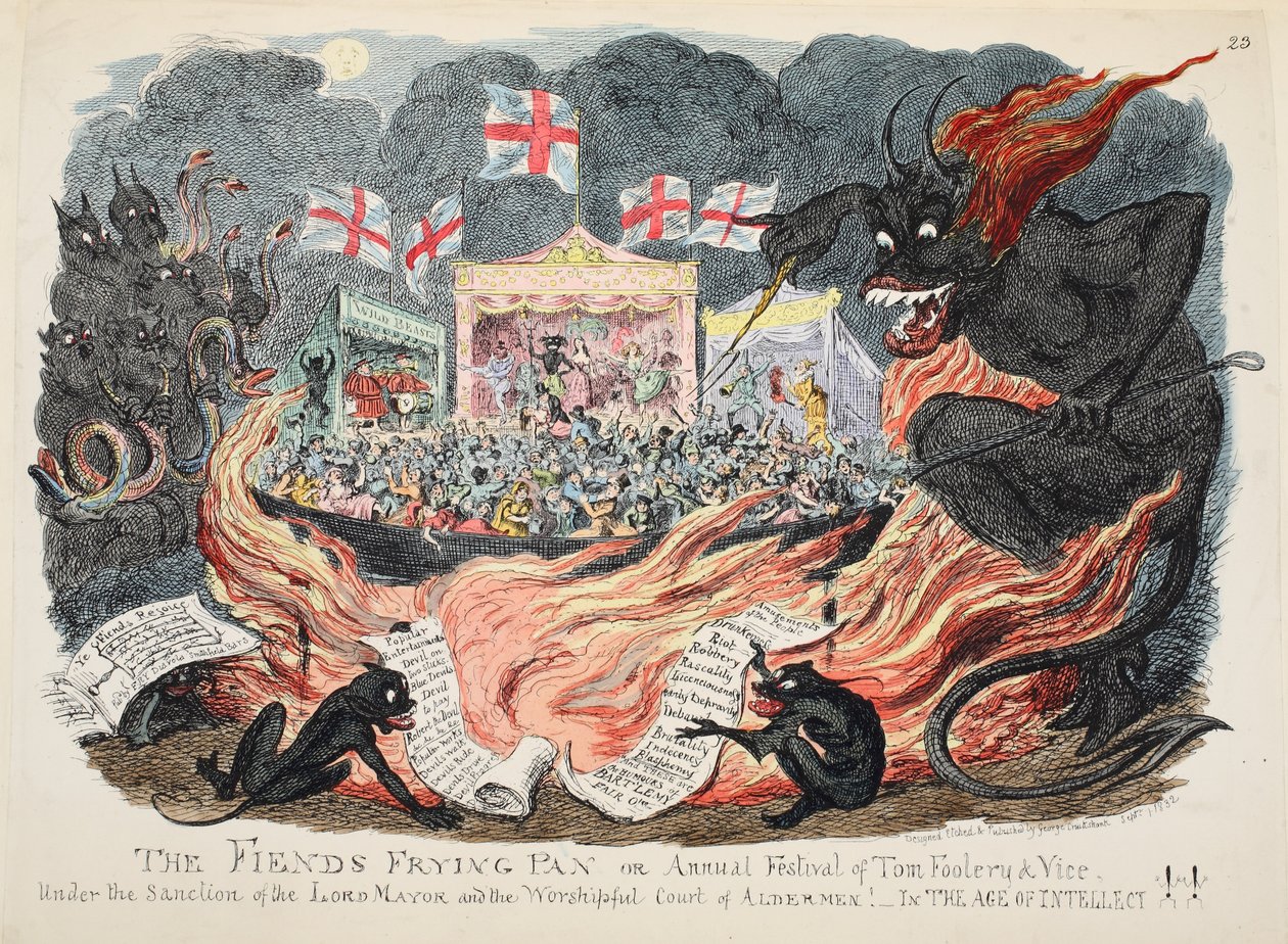 The Fiends Frying Pan tai Annual Festival of Tom Foolery & Vice, pubi. 1832 (käsinvärinen kaiverrus) tekijältä George Cruikshank
