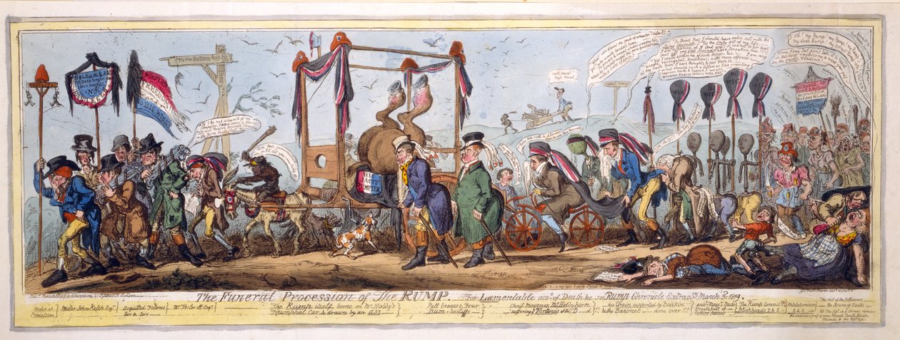 Rumpin hautajaiskulkue, pubi. 1819 (käsinvärinen etsaus) tekijältä George Cruikshank
