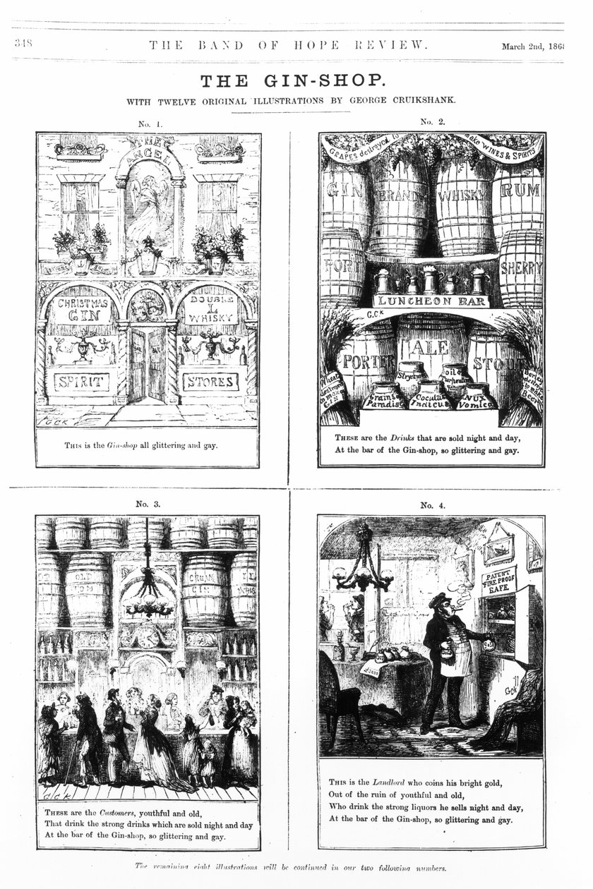 The Gin Shop, kuva The Band of Hope Review -julkaisusta, 2. maaliskuuta 1868 tekijältä George Cruikshank