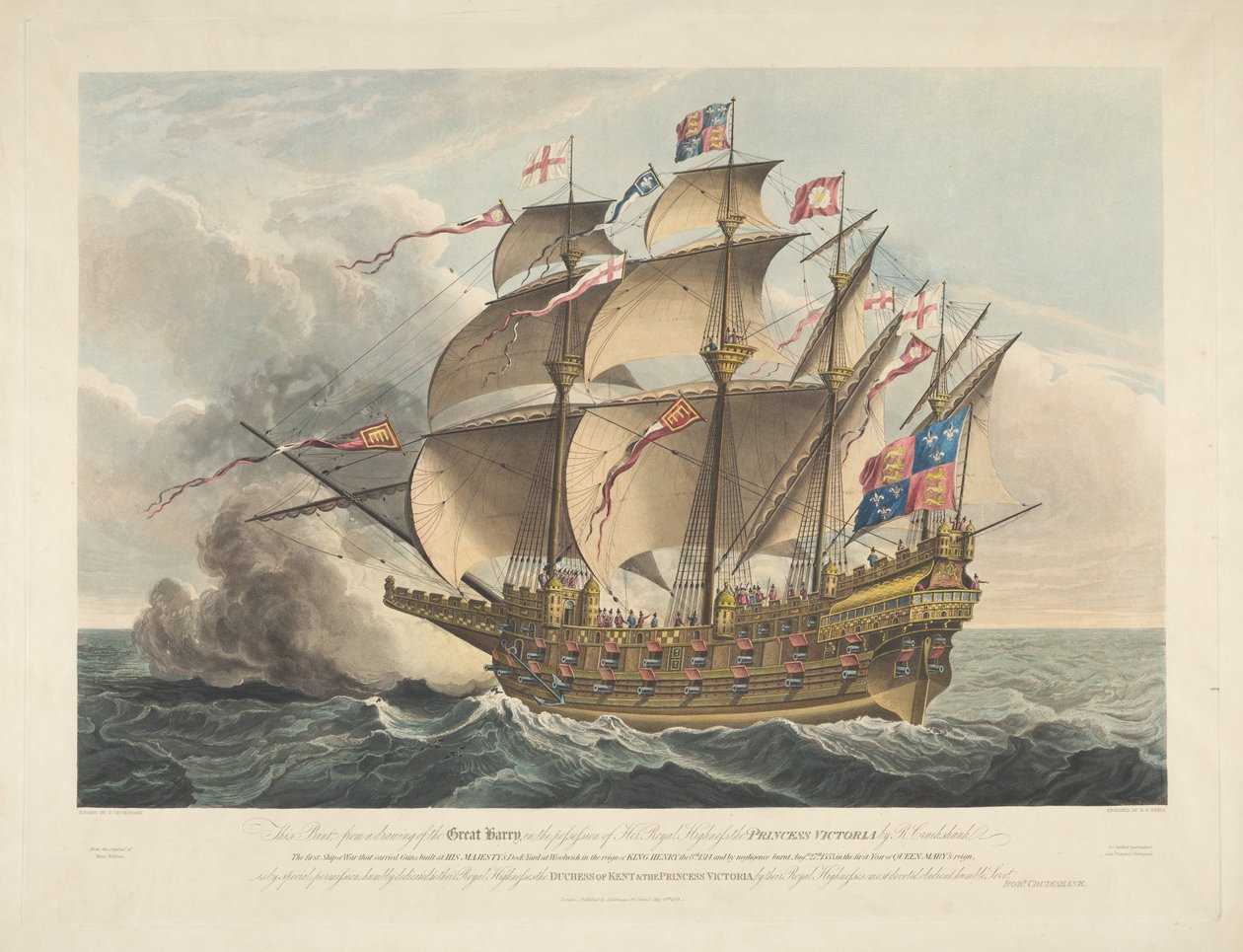 Great Harry. Ensimmäinen tykkejä kuljettanut sotalaiva tekijältä George Cruikshank