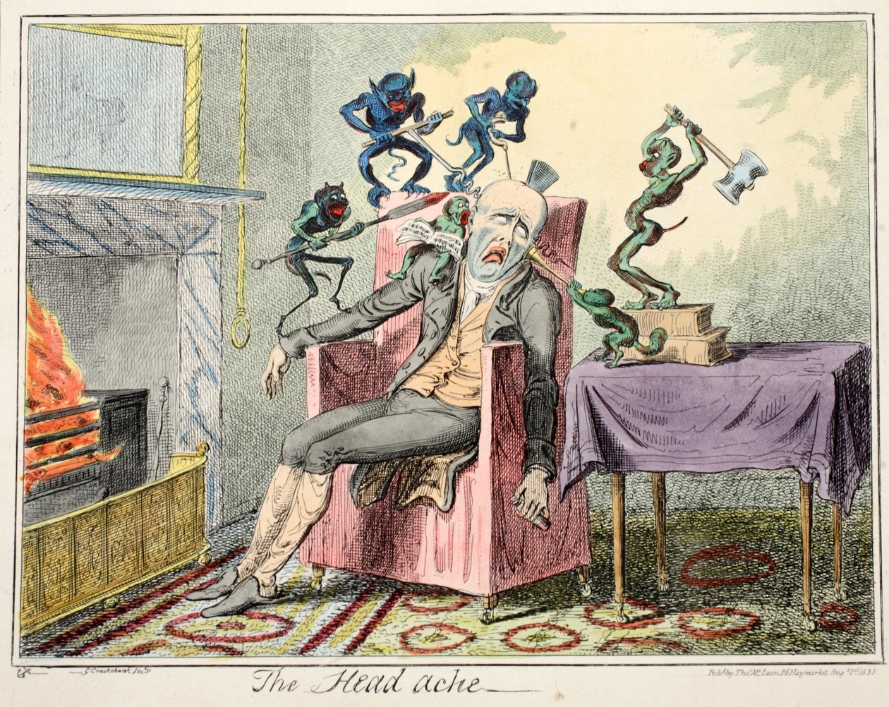Päänsärky, pub. 1835 (käsinvärinen kaiverrus) tekijältä George Cruikshank