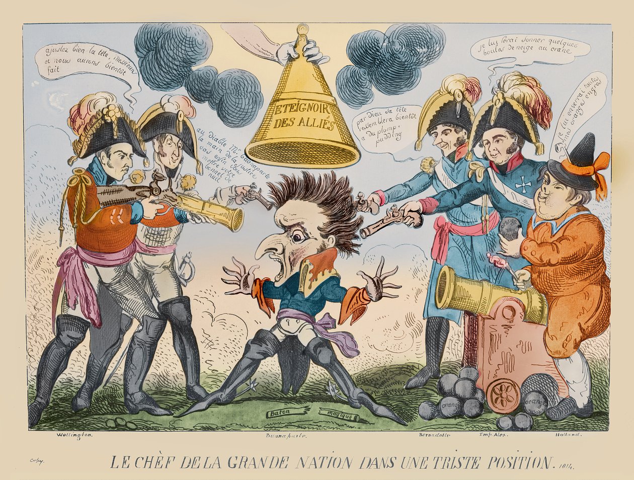 Suuren kansakunnan pää omituisessa tilanteessa, 1813 (käsinvärinen etsaus) tekijältä George Cruikshank