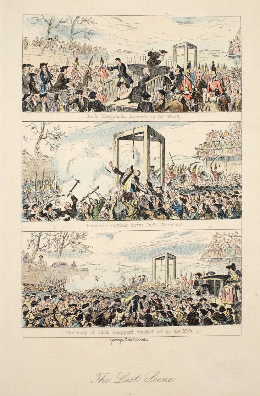 The Last Scene, kuvitus William Harrison Ainsworthin teoksesta "Jack Sheppard: A Romance", julkaistu 1839 (käsinvärinen etsaus) tekijältä George Cruikshank