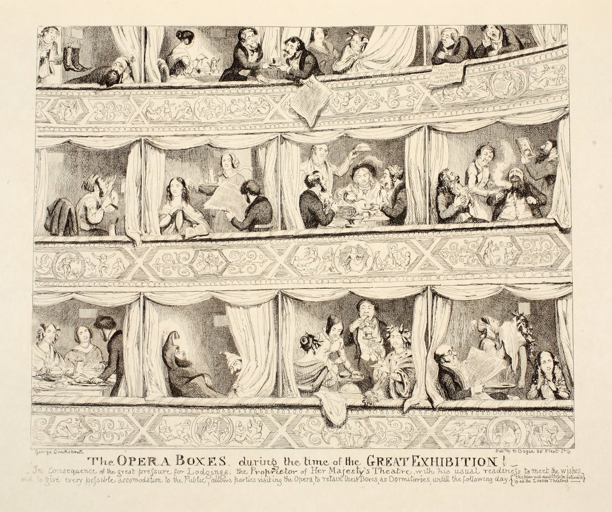 Oopperalaatikot Suuren Näyttelyn aikana, pub. 1851 tekijältä George Cruikshank