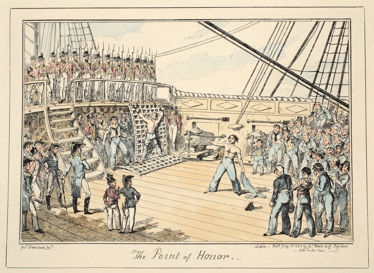 The Point of Honor, Greenwich Hospital, sarja merivoimien luonnoksia, kuvaus sotamiehen elämästä, pubi. 1825 (käsinvärinen kaiverrus) tekijältä George Cruikshank