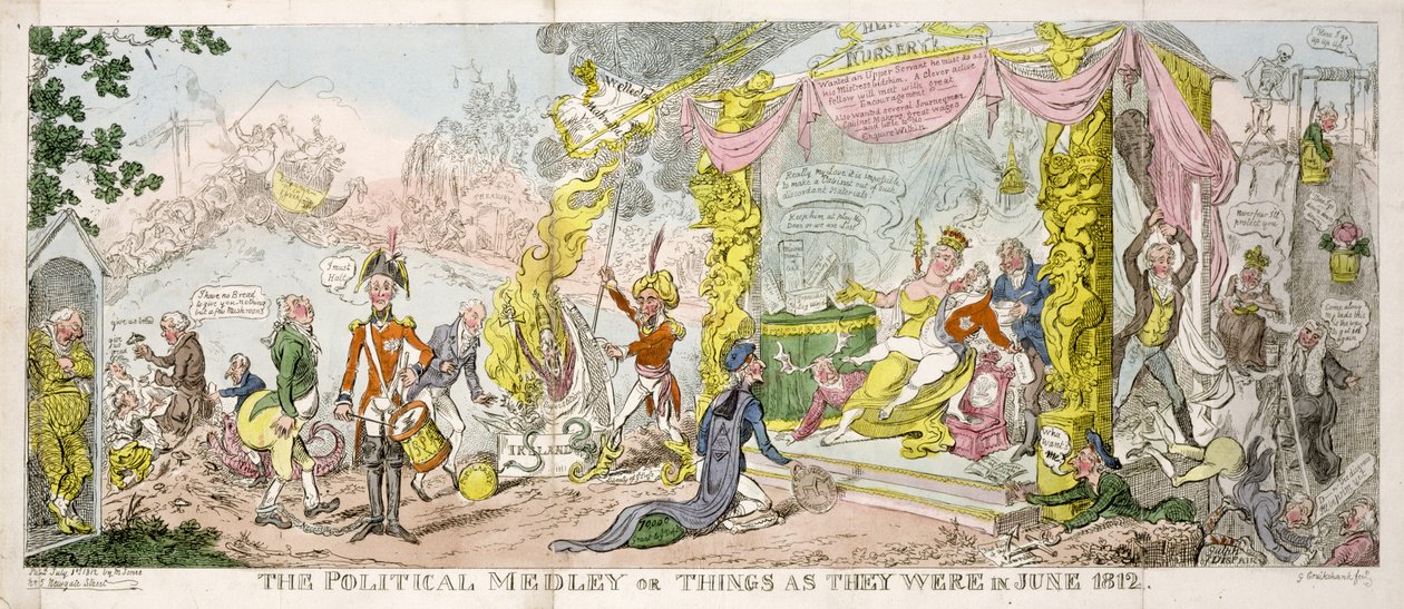 "The Political Medley" tai "Things as They Were in June 1812", pub. 1812 tekijältä George Cruikshank