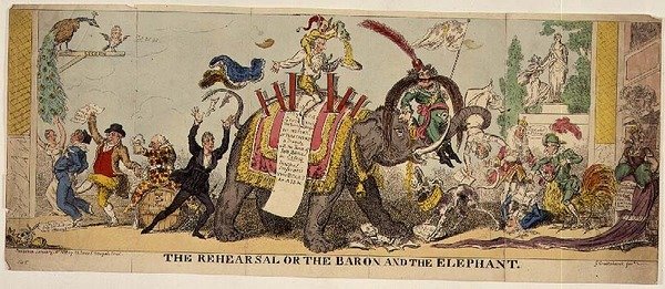 The Rehearsal or the Baron and the Elephant, satiirinen vedos Kemblen Covent Garden -teatterin taidokkaista tuotannoista, joissa oli mukana eläimiä. tekijältä George Cruikshank