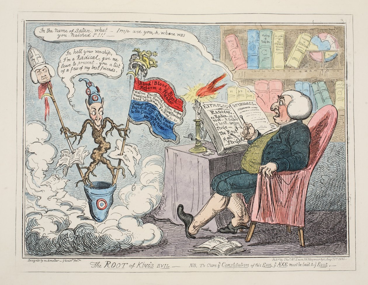 The Root of Kings Evil, pubi. 1835 (käsinvärinen kaiverrus) tekijältä George Cruikshank