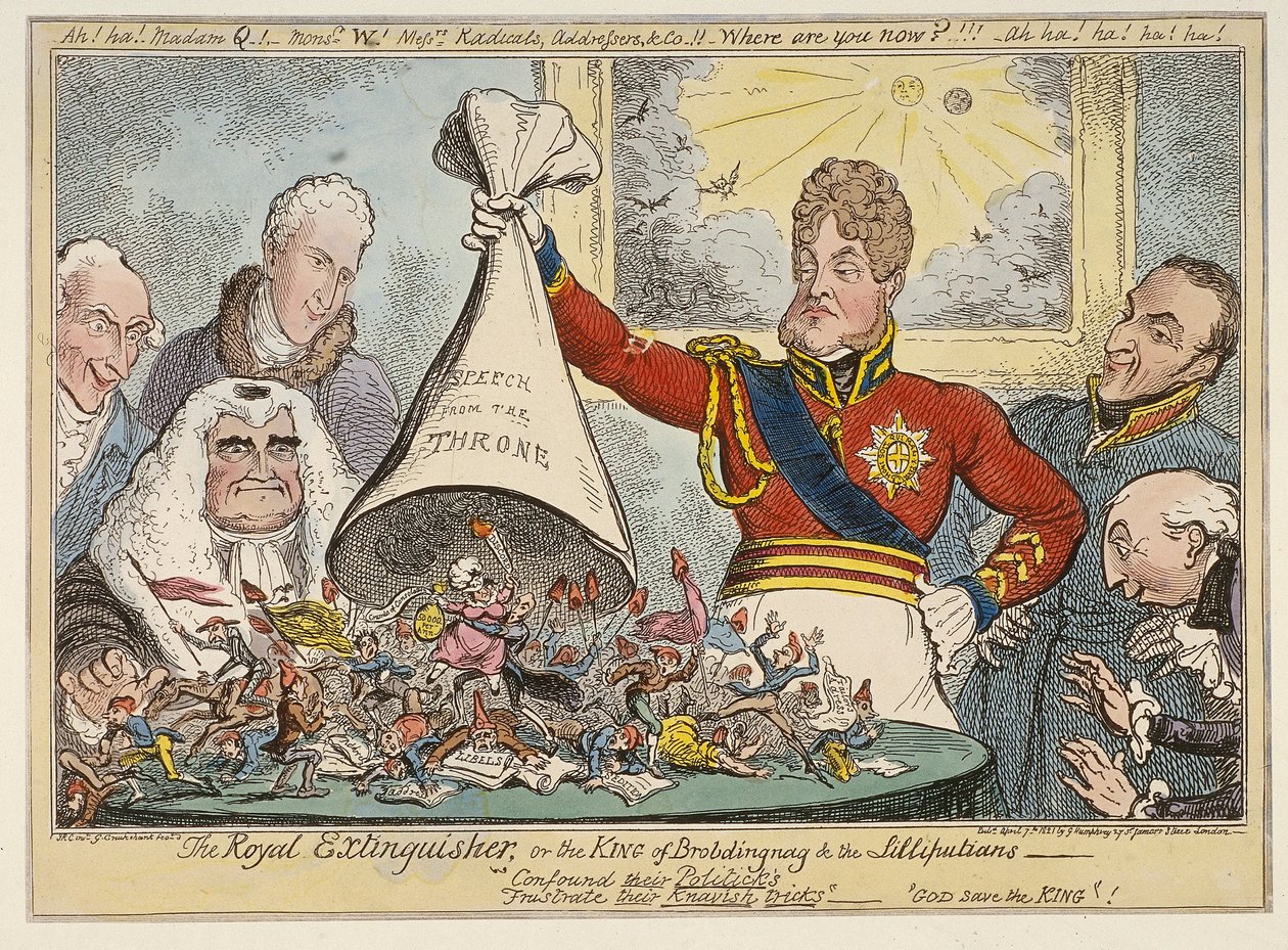 "Kuninkaallinen sammutin eli Brobdingnagin kuningas ja liliputilaiset", 1821 tekijältä George Cruikshank
