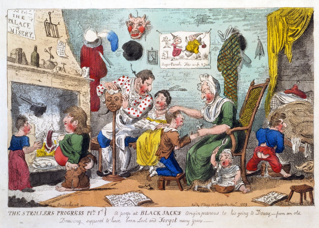 The Strollers Progress Plate 1, kurkistus Black Jacksin alkuperään ennen kuin hän lähti Douayhin, pub. 1809 (käsin väritetty etsaus) tekijältä George Cruikshank