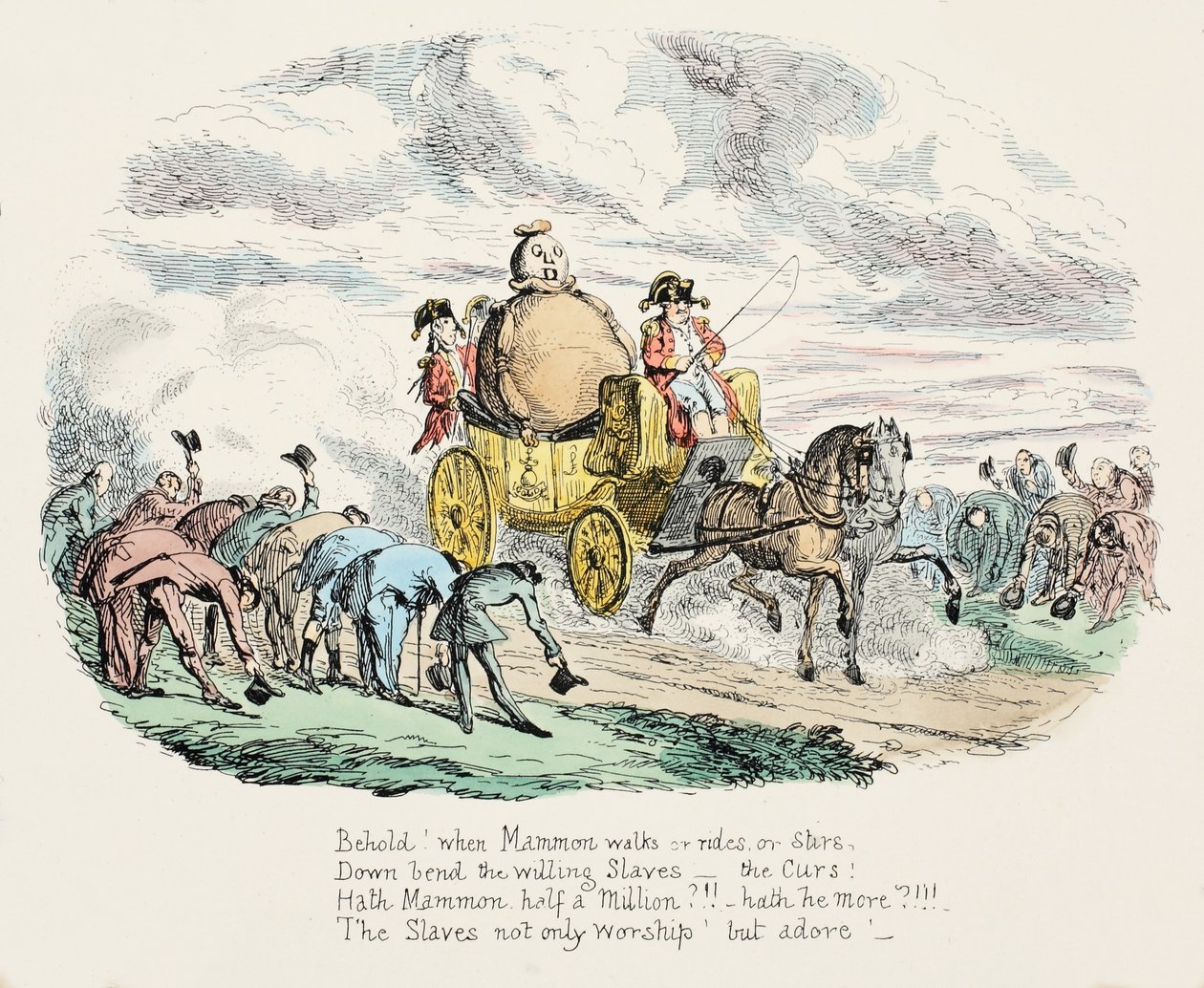 The Worship of Wealth, pub. 1834 (käsinvärinen kaiverrus) tekijältä George Cruikshank
