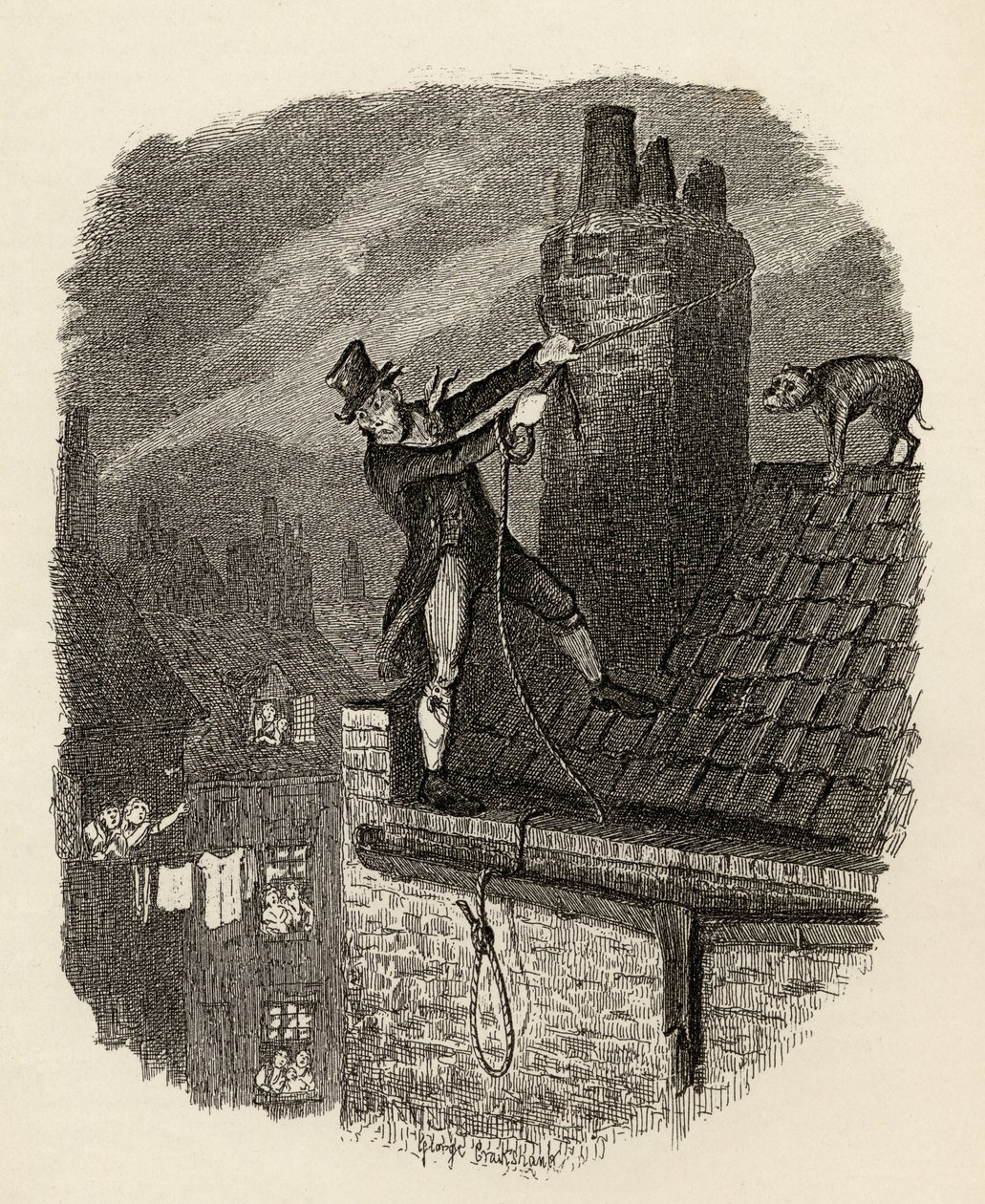 Viimeinen mahdollisuus, Charles Dickensin (1812-70) teoksesta "Oliver Twistin seikkailut" 1838, julkaisija Chapman und Hall, 1901 (kaiverrus) tekijältä George Cruikshank