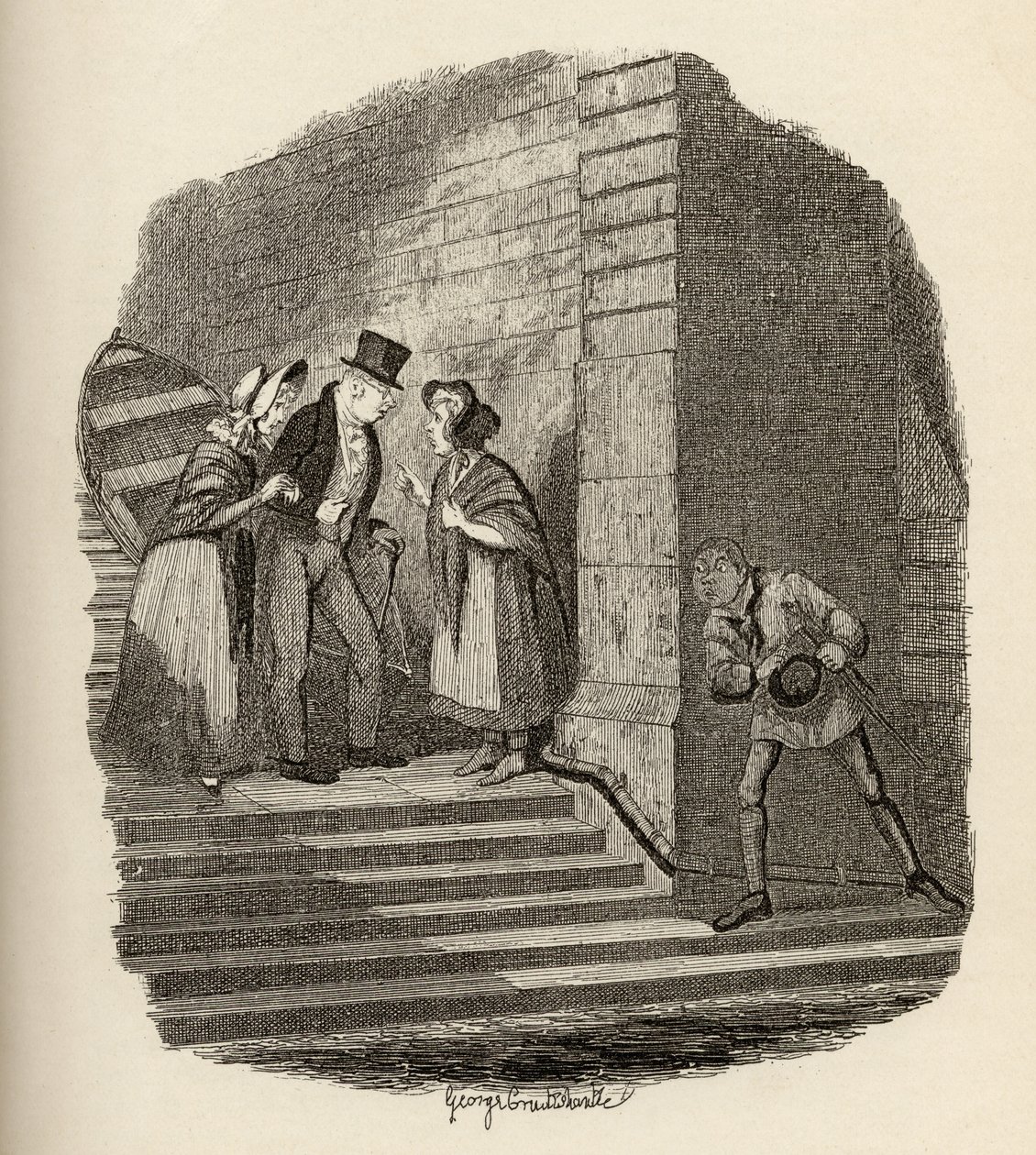 Tapaaminen, Charles Dickensin (1812-70) 1838 kirjasta "Oliver Twistin seikkailut", Chapman und Hall, 1901 tekijältä George Cruikshank