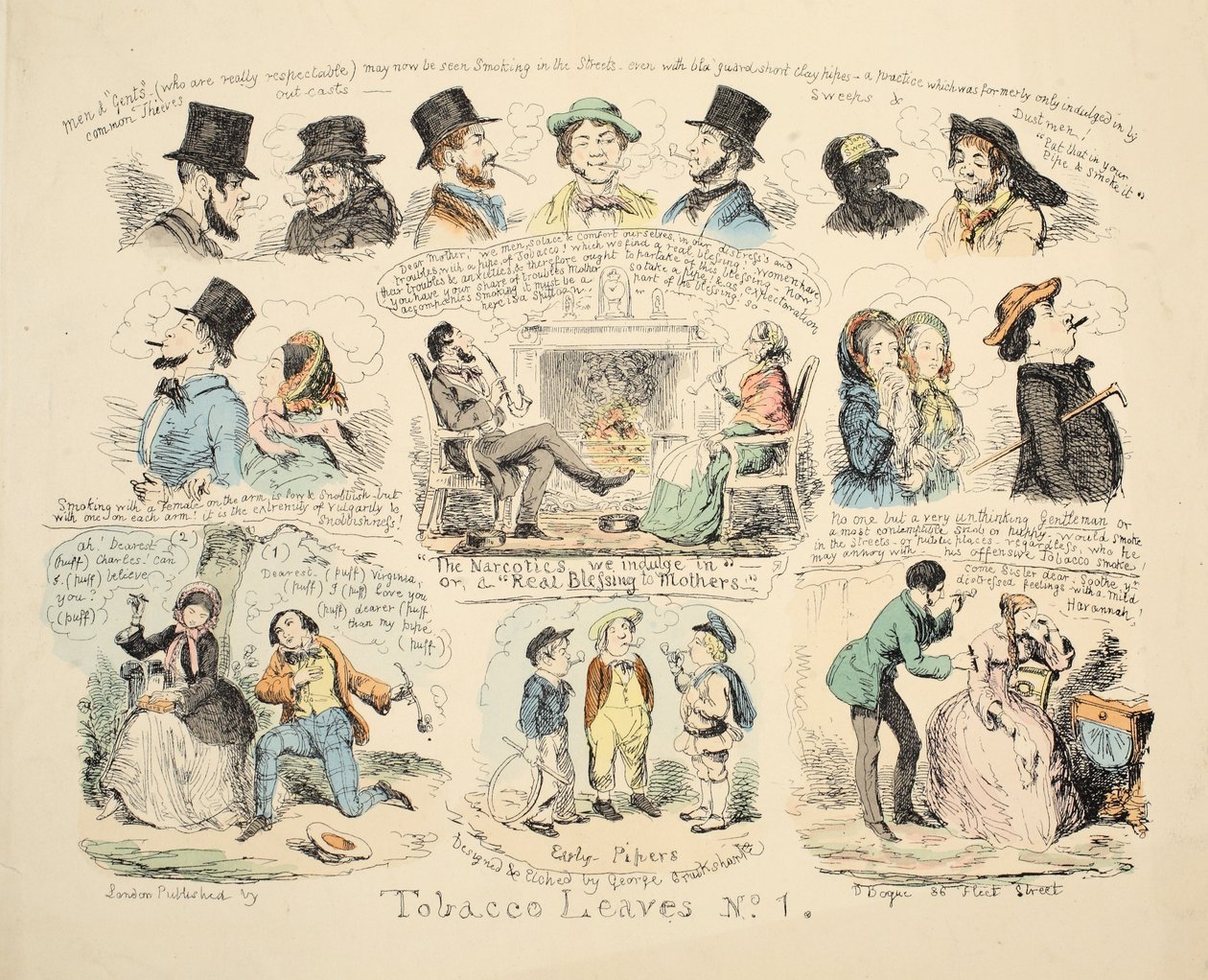 Tobacco Leaves No. 1, pub. 1851 (käsinvärinen kaiverrus) tekijältä George Cruikshank