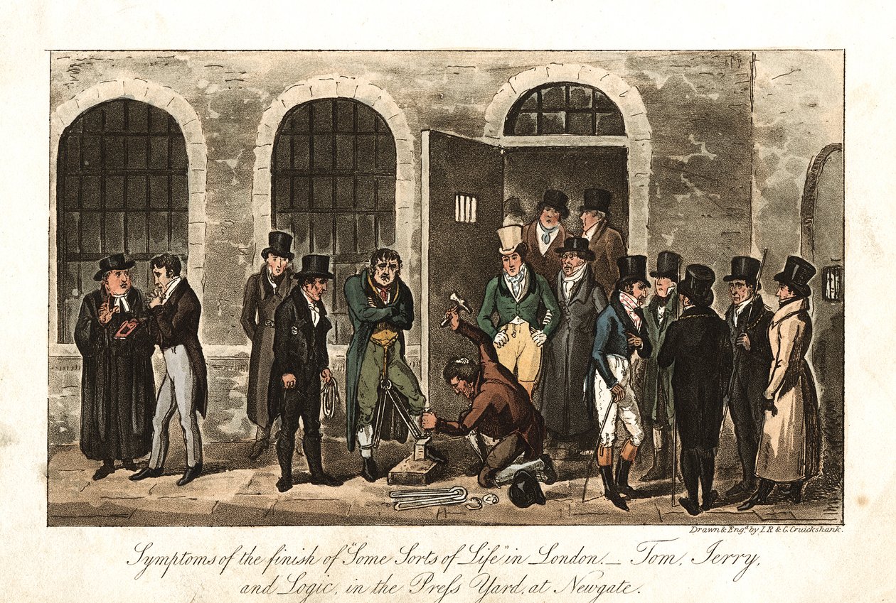 Tom, Jerry ja Logic Press Yardissa, Newgaten vankilassa, Lontoossa, 1821 tekijältä George Cruikshank