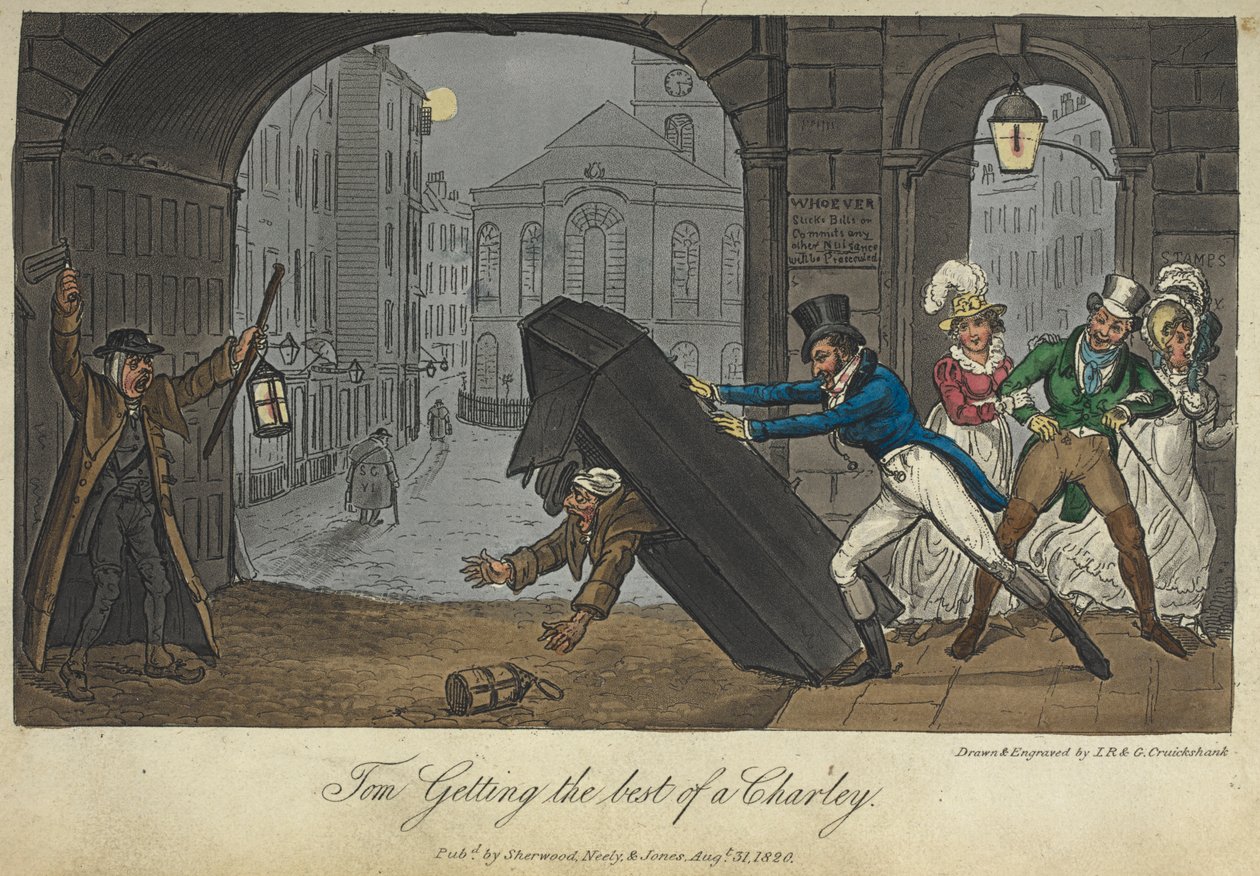 "Tom saa parhaan Charlien". Leiki vitsiä yövartijalle, "Elämä Lontoossa jne.", Pierce Egan tekijältä George Cruikshank