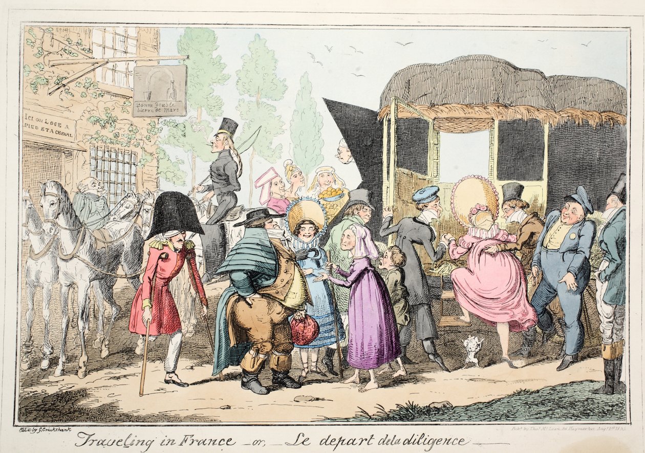 Matkustaminen Ranskassa tai Le Depart de la Diligence, pub. 1835 (käsinvärinen etsaus) tekijältä George Cruikshank