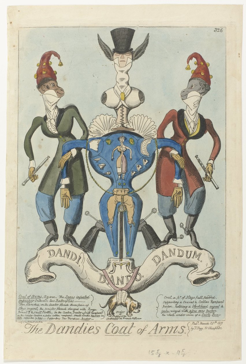Kaksi pukeutunutta apinaa pitelevät kädessään mallinuken muotoista asetta Dandiesin vaakuna (otsikko esineessä) tekijältä George Cruikshank