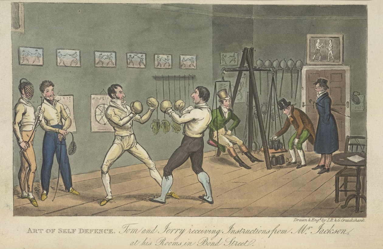 Kaksi miestä nyrkkeilemässä, "Life in London, etc.", kirjoittanut Pierce Egan tekijältä George Cruikshank