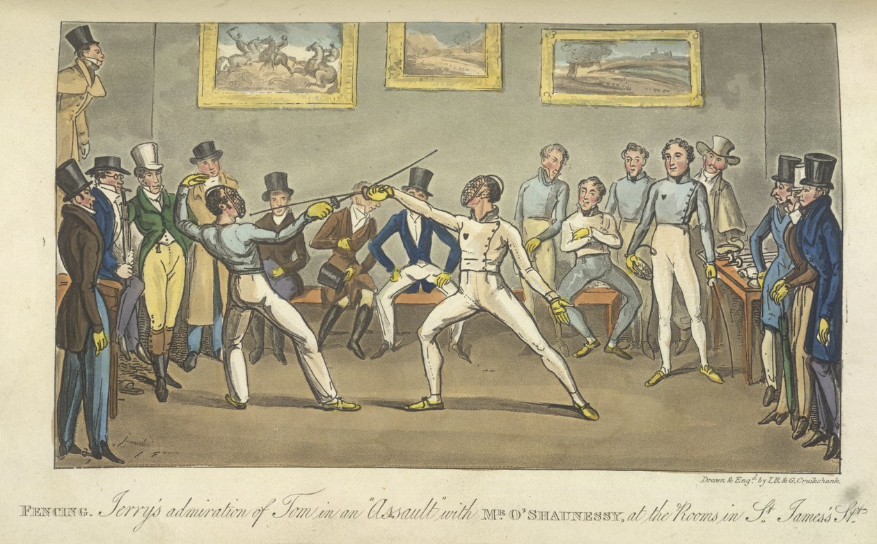 Kaksi miestä miekkailemassa, Pierce Egan: Life in London, etc. tekijältä George Cruikshank