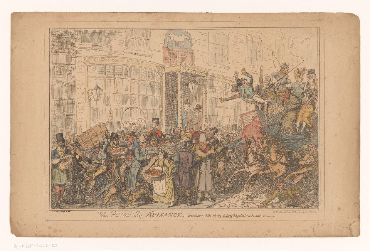 Verkeerschaos buiten het hotel Old White Horse Cellar Piccadillyssa Piccadillyn haitat! Omistettu piirin arvokkaille virkaa tekeville tuomareille (nimike esineessä) tekijältä George Cruikshank