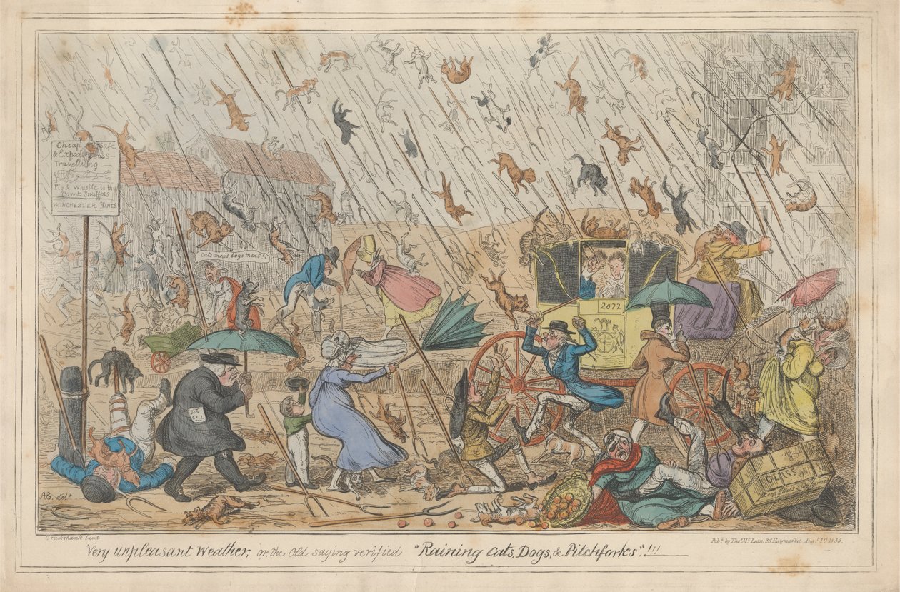 Erittäin epämiellyttävä sää, tai vanhan sanonnan vahvistama "sataa kissoja, koiria ja haarukoita."!!! tekijältä George Cruikshank