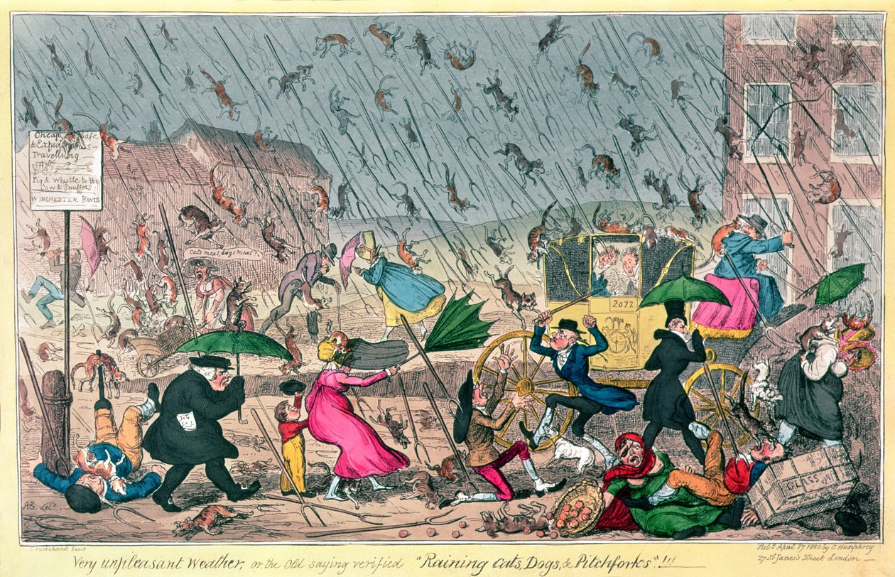 Erittäin epämiellyttävä sää, tai vanhan sanonnan vahvistama Raining Cats, Dogs ja Pitchforks!, pubi. kirjoittanut G. Humphrey, 1820 tekijältä George Cruikshank
