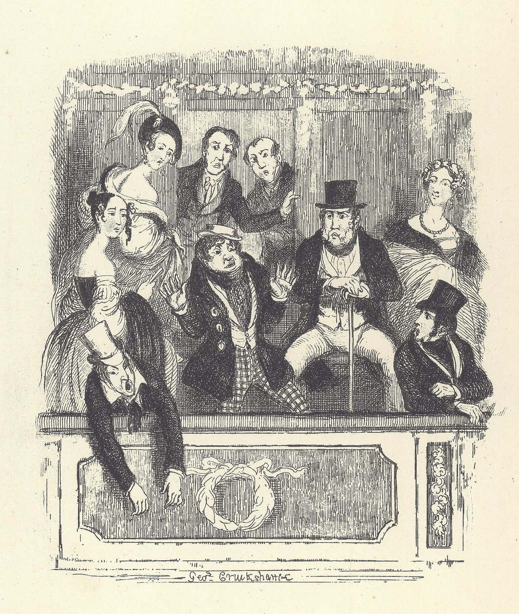 Viktoriaaniset teatterivieraat ryntäävät laatikkoon Lontoon teatterissa (kaiverrus) tekijältä George Cruikshank