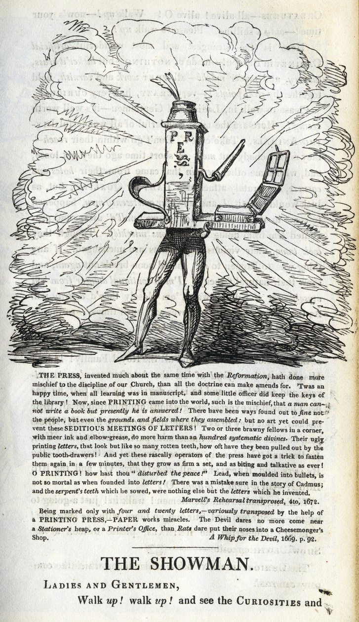 Lehdistön voitto kansanvapauksien puolesta, kuvitus teoksesta "Poliittinen showmies - kotona!" kirjoittanut William Hone, julkaistu 1821 tekijältä George Cruikshank