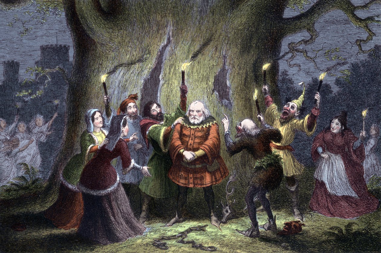 William Shakespeare Windsorin iloiset vaimot, näytelmä, joka esitettiin ensimmäisen kerran vuonna 1597 tai 1600. Falstaff, joka on pitänyt tehtävänsä Windsor Forest Mistress Fordin kanssa Herne-metsästäjänä ja joutunut 