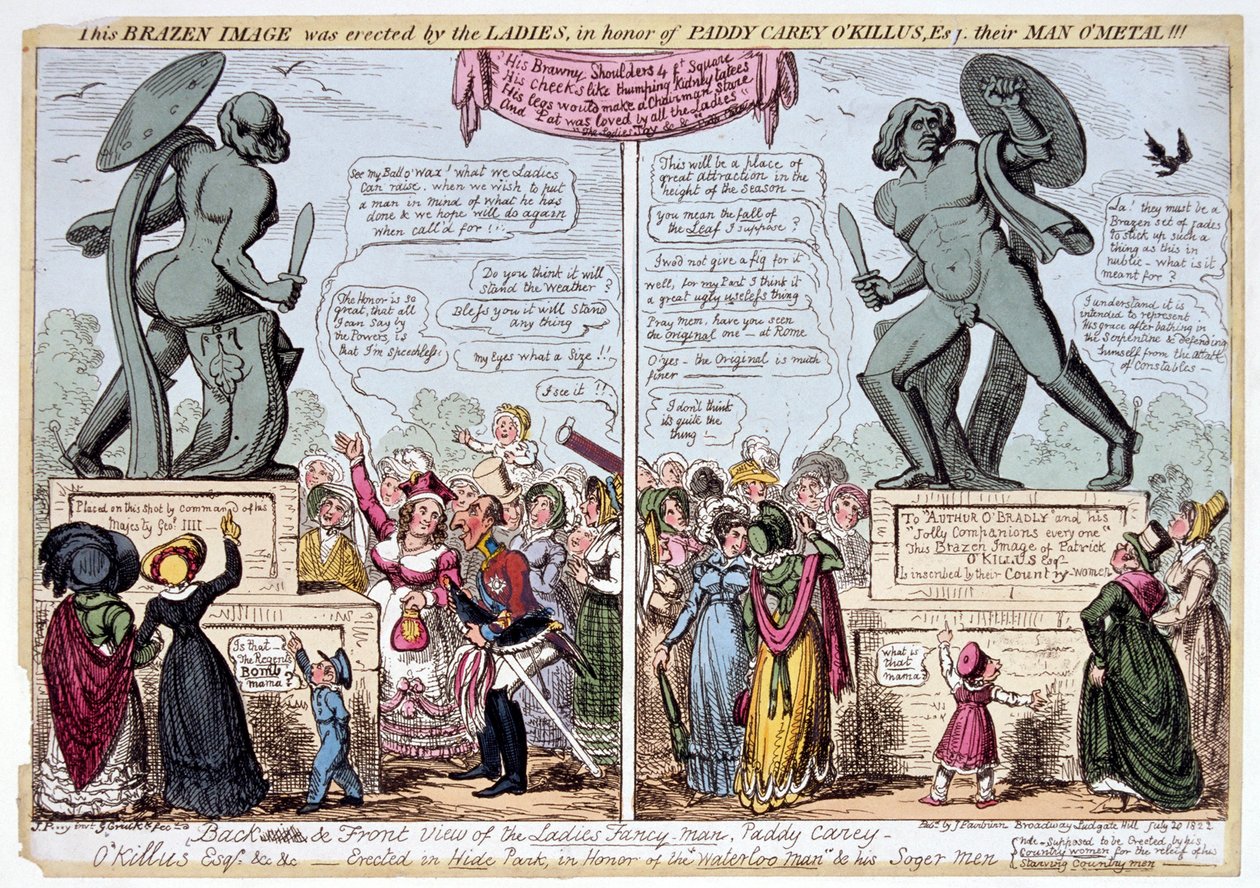 Naiset ihailemassa Akhilleuksen patsasta, Hyde Park, Lontoo, 1822. tekijältä George Cruikshank